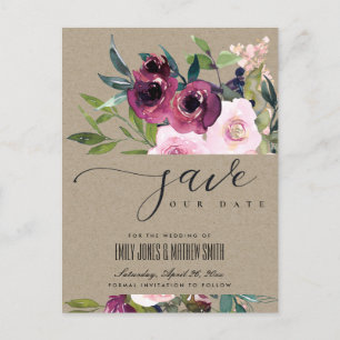 KRAFT BLUSH BURGUNDY FLORAL BUNCH SAVE THE DATE ANNOUNCEMENT POSTCARD