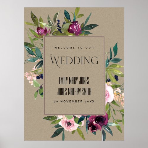 KRAFT BLUSH BURGUNDY FLORAL BUNCH WEDDING WELCOME POSTER