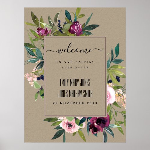 KRAFT BLUSH BURGUNDY FLORAL BUNCH WEDDING WELCOME POSTER