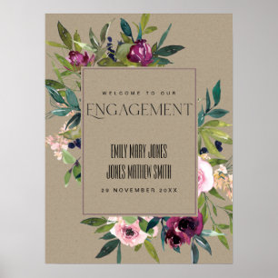 KRAFT BLUSH BURGUNDY FLORAL ENGAGEMENT WELCOME POSTER
