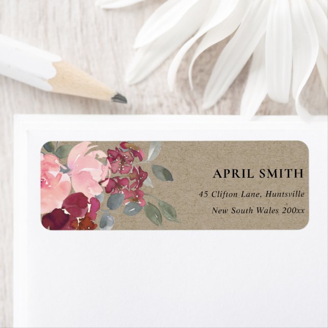 KRAFT BLUSH BURGUNDY WATERCOLOR ROSE FLORA ADDRESS LABEL (Insitu)