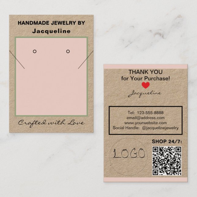 Kraft Blush Necklace Earrings Logo Website QR Code Business Card (Front/Back)