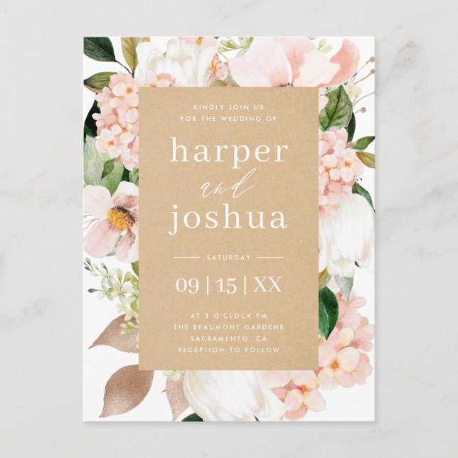 Kraft & Blush Spring Floral Wedding Invitation Postcard (Front)