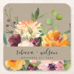 KRAFT BLUSH YELLOW ORANGE FLORAL BUNCH WEDDING SQUARE PAPER COASTER<br><div class="desc">If you need any further customisation please feel free to message me on yellowfebstudio@gmail.com.</div>
