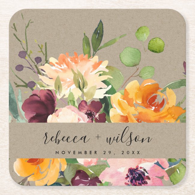 KRAFT BLUSH YELLOW ORANGE FLORAL BUNCH WEDDING SQUARE PAPER COASTER