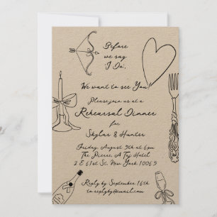 Kraft Boho Black Doodle Retro Rehearsal Dinner Invitation