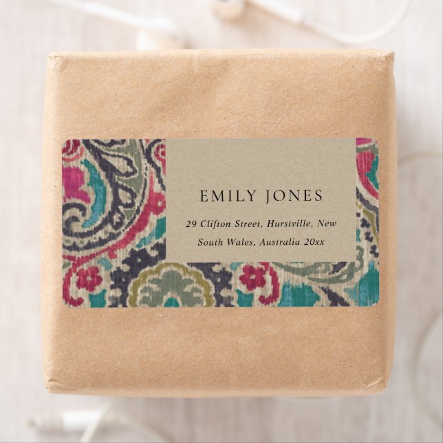 KRAFT BOHO TRIBAL IKAT PINK TEAL ADDRESS WEDDING LABEL (Insitu)