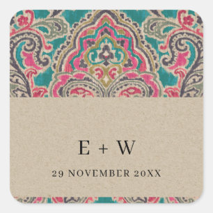 KRAFT BOHO TRIBAL IKAT PINK TEAL MONOGRAM WEDDING SQUARE STICKER
