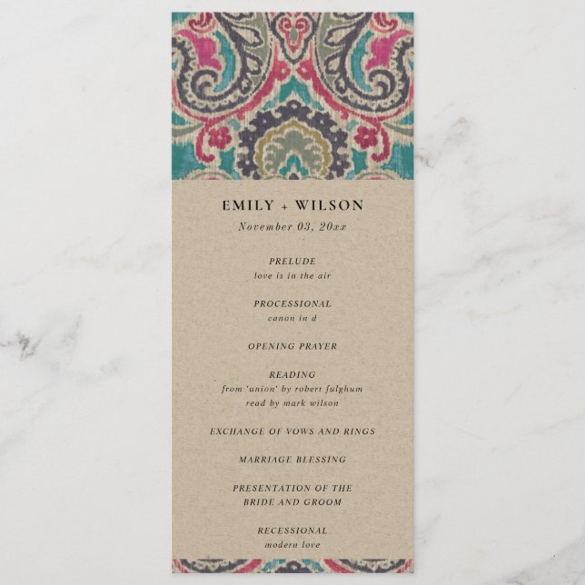 KRAFT BOHO TRIBAL IKATFL WEDDING CEREMONY PROGRAM (Front)