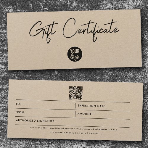 Kraft Brown Business Logo QR Code Gift Certificate