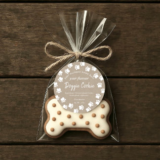 kraft brown paper white dog paws doggie cookie classic round sticker