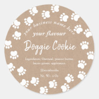 kraft brown paper white dog paws doggie cookie classic round sticker