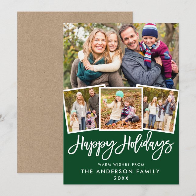 Kraft Brush Script 4 Photo Green Holiday Card (Front/Back)