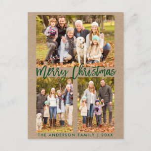 Kraft Brush Script Family 3 Photo Merry Christmas Postcard