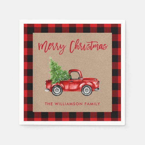 Kraft Brush Script Plaid Christmas Vintage Truck Napkins