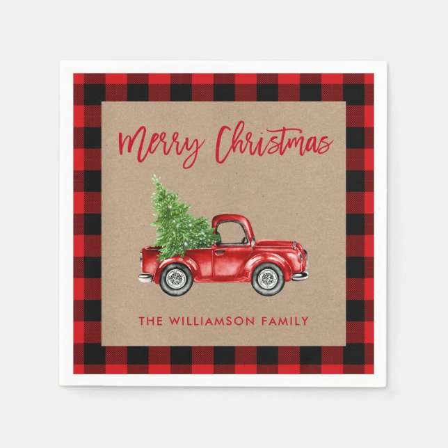 Kraft Brush Script Plaid Christmas Vintage Truck Napkins (Front)