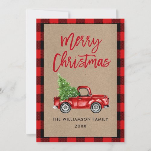 Kraft Brush Script Plaid Vintage Truck Christmas Holiday Card
