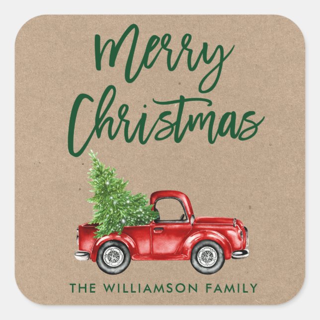 Kraft Brush Script Truck Christmas Square Sticker