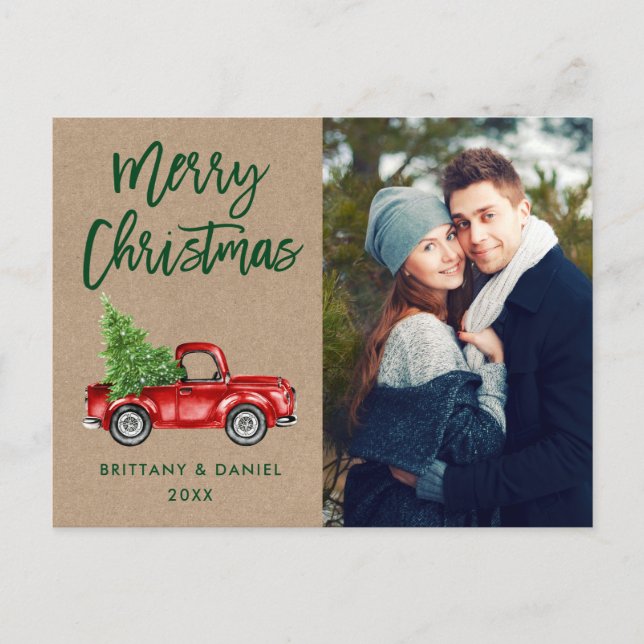 Kraft Brush Script Truck Couple Photo Christmas Postcard (Front)