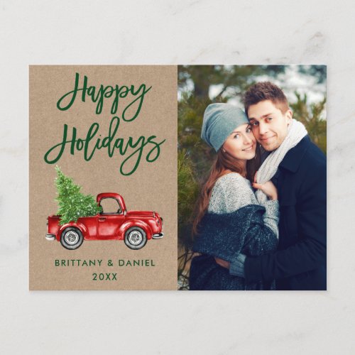 Kraft Brush Script Truck Couple Photo Holidays Postcard