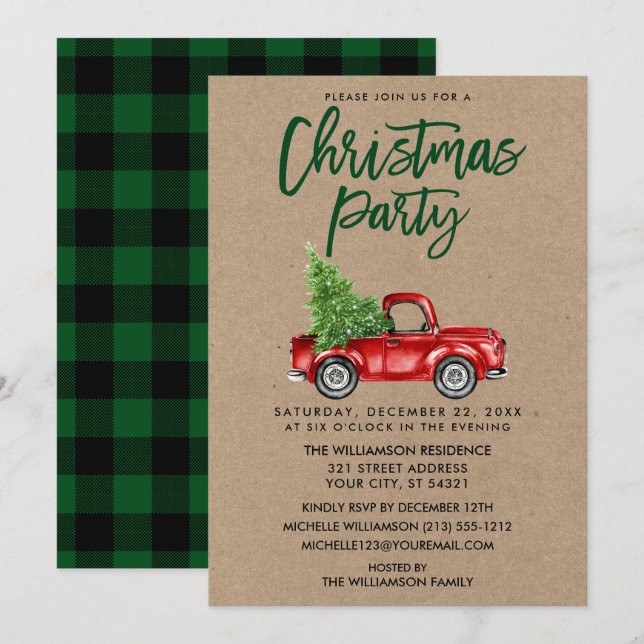 Kraft Brush Script Truck Plaid Christmas Party G Invitation (Front/Back)