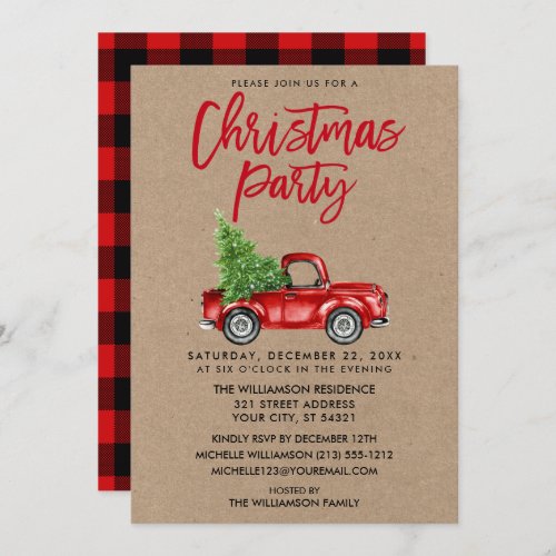 Kraft Brush Script Truck Plaid Christmas Party R Invitation