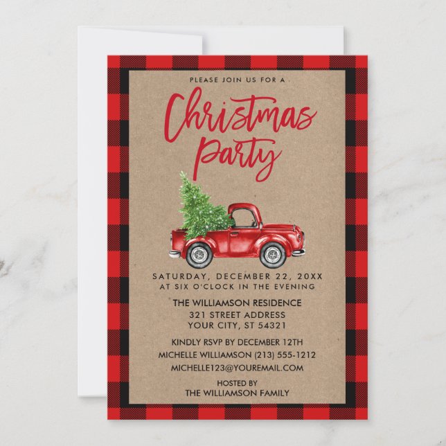 Kraft Brush Script Truck Plaid Christmas Party R Invitation (Front)