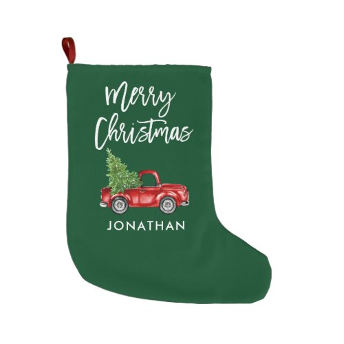 Kraft Brush Script Vintage Red Truck Tree Green Large Christmas Stocking