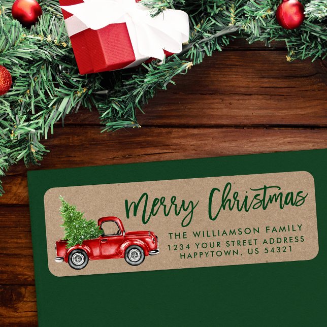 Kraft Brush Script Vintage Truck Christmas Green Label (Customize to change your personalized text size or style.)