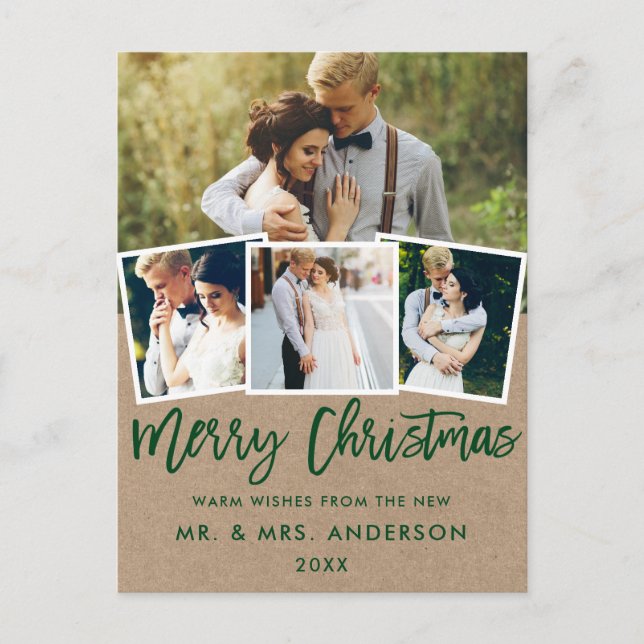 Kraft Brush Script Wedding Christmas 4 Photo Postcard (Front)