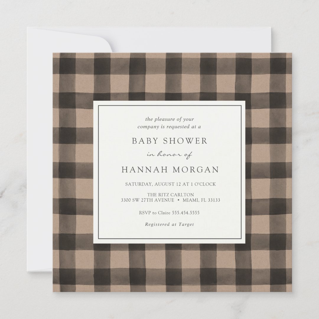 Kraft Buffalo Plaid Baby Shower Invitation | Zazzle