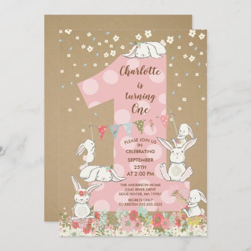 Kraft Bunny Big One Girls Birthday Invitation