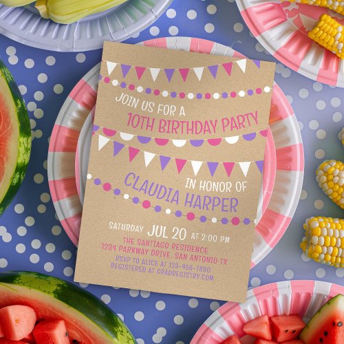 Kraft Bunting Girls Birthday Invitation