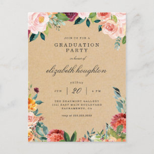 Kraft Burgundy Blush Pink Floral Graduation Party Invitation Postcard