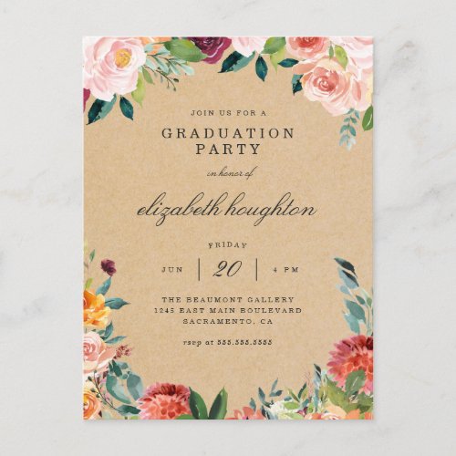 Kraft Burgundy Blush Pink Floral Graduation Party Invitation Postcard