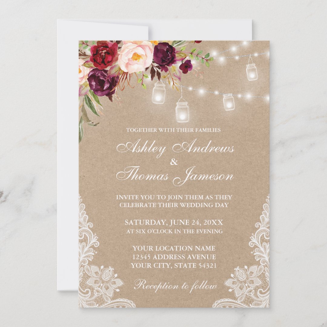Kraft Burgundy Floral Lace Lights Wedding Invite Zazzle