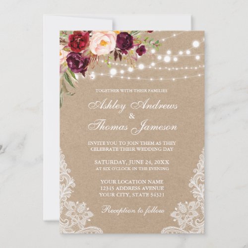 Kraft Burgundy Floral Lights Lace Wedding Invite