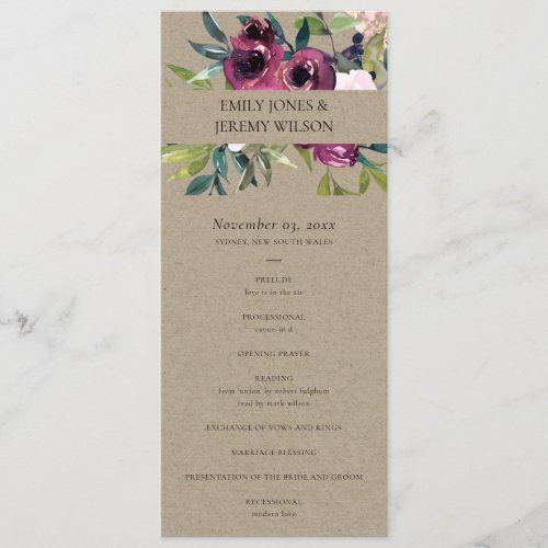 KRAFT BURGUNDY FLORAL WEDDING CEREMONY PROGRAM