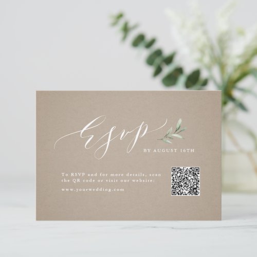 Kraft calligraphy rustic greenery wedding QR code  RSVP Card