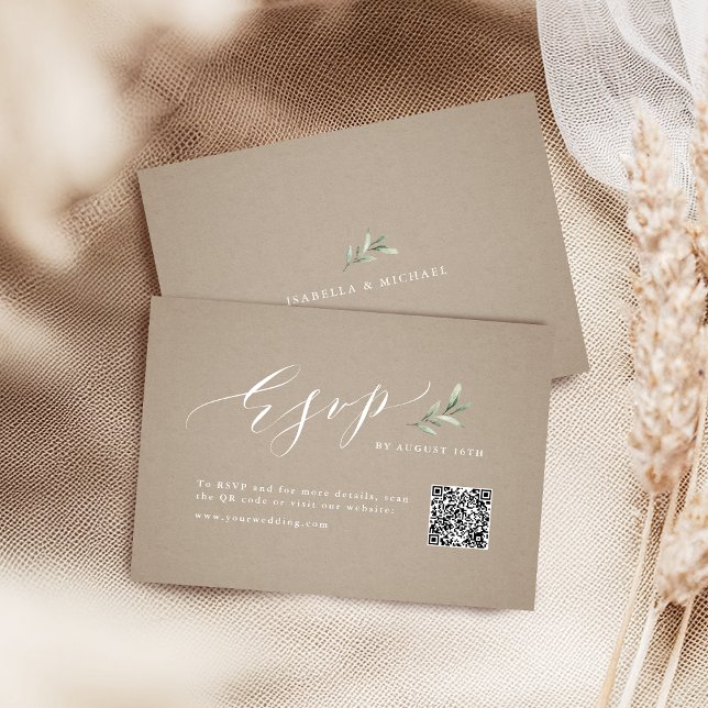 Kraft calligraphy rustic greenery wedding QR code  RSVP Card (Kraft calligraphy rustic greenery wedding QR code RSVP Card)