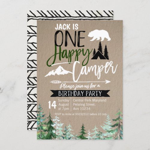 Kraft Camper 1st Birthday Forest Camping Party Invitation