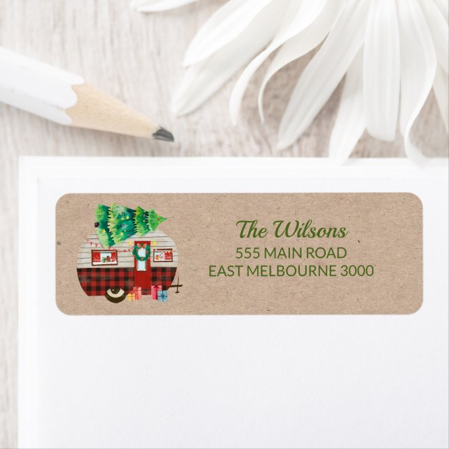 Kraft Camper Christmas Tree Return Address Label (Insitu)