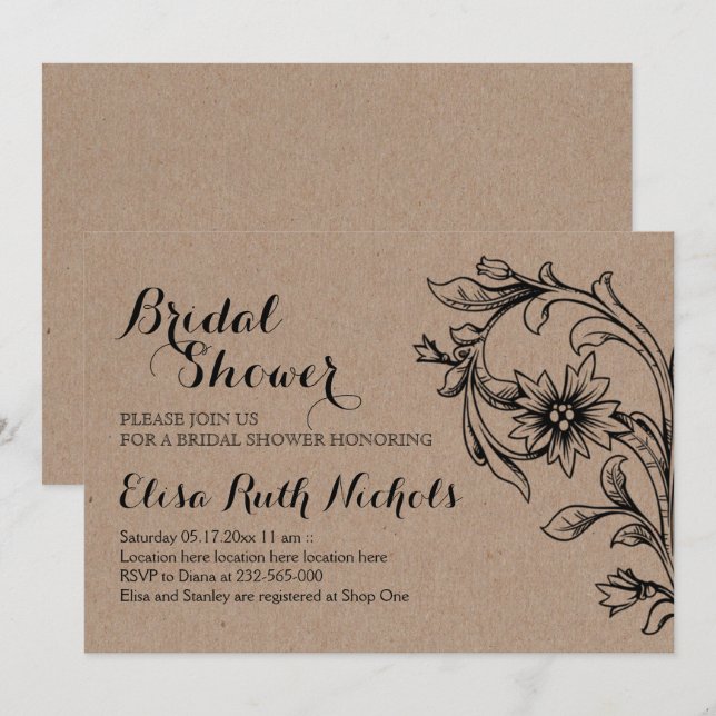 Kraft  cardboard floral wedding bridal shower invitation (Front/Back)
