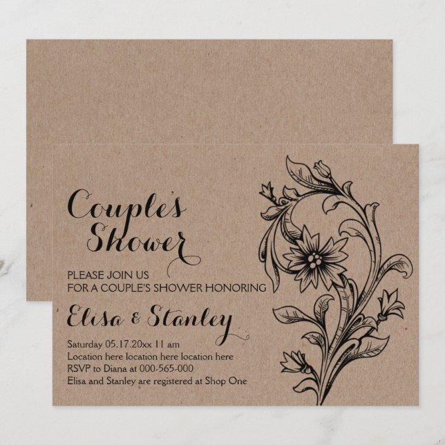 Kraft cardboard floral wedding couples shower invitation (Front/Back)