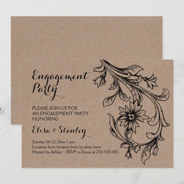 Kraft cardboard floral wedding engagement party invitation (Front/Back)