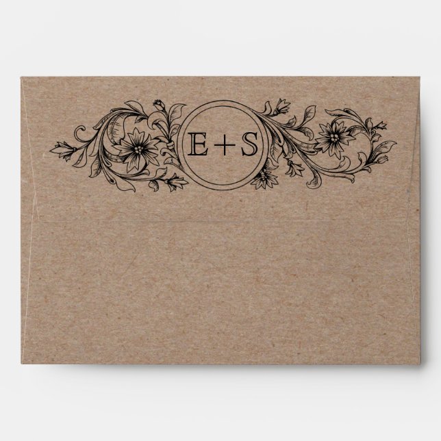 Kraft cardboard vintage floral initials wedding envelope (Back (Top Flap))
