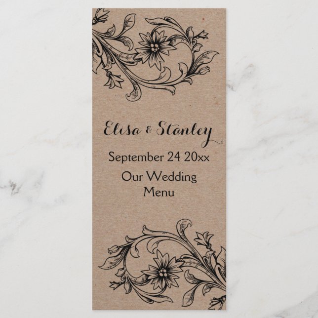 Kraft cardboard vintage floral wedding menu card (Front)