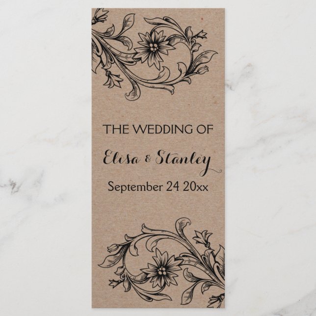 Kraft cardboard vintage floral wedding program (Front)