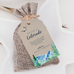 Kraft Colorado Destination Wedding Welcome Gift Tags<br><div class="desc">These kraft Colorado destination wedding welcome gift tags are perfect for an outdoor wedding. The design features a blue and green painted wilderness landscape with watercolor pine trees, birds and mountains on a faux light kraft paper background. Personalize the tags with the location of your wedding, a short welcome note,...</div>