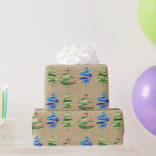 Kraft Colorful Watercolor Abstract Christmas Tree  Wrapping Paper